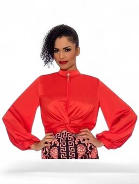 NWT Boss Lady Couture Red Satin Twist-Front Crop Blouse Bold Puff Sleeves